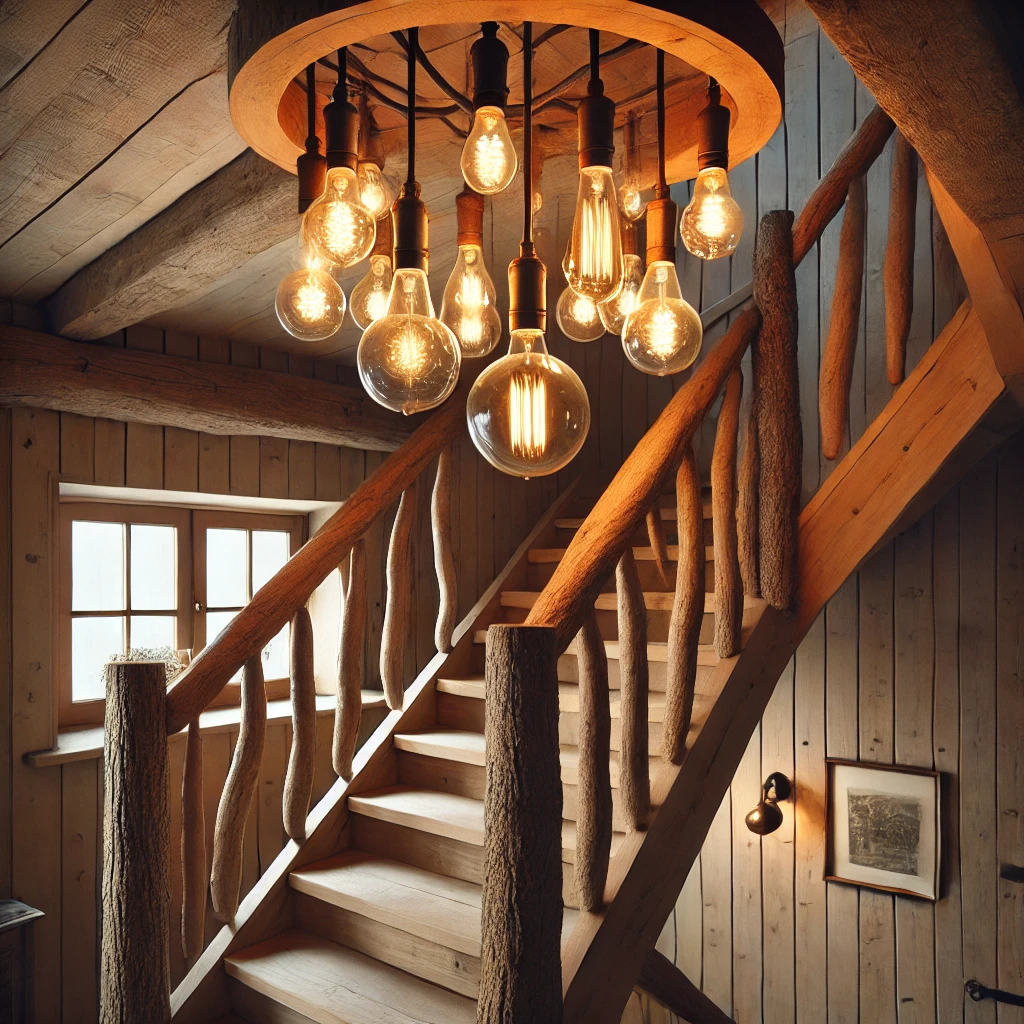 05 - Stairway With Rustic Wooden Chandeliers For Cozy Vibe
