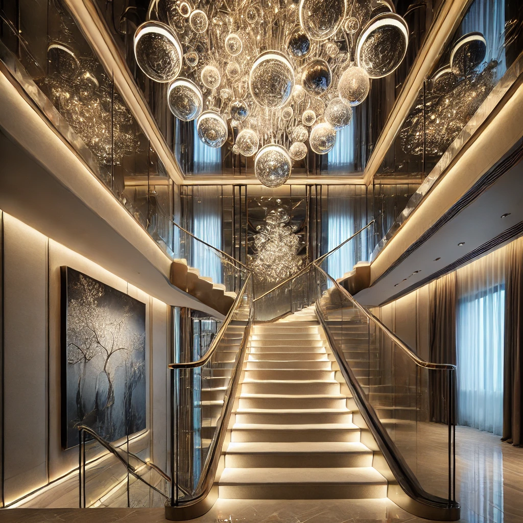06 - Stairway With Elegant Glass Chandeliers For Glamorous Look