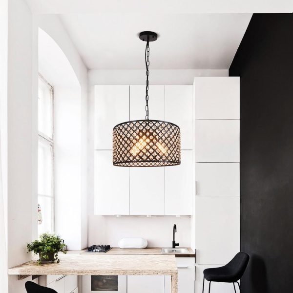 Crystal Beaded Black Drum Chandelier on dining room