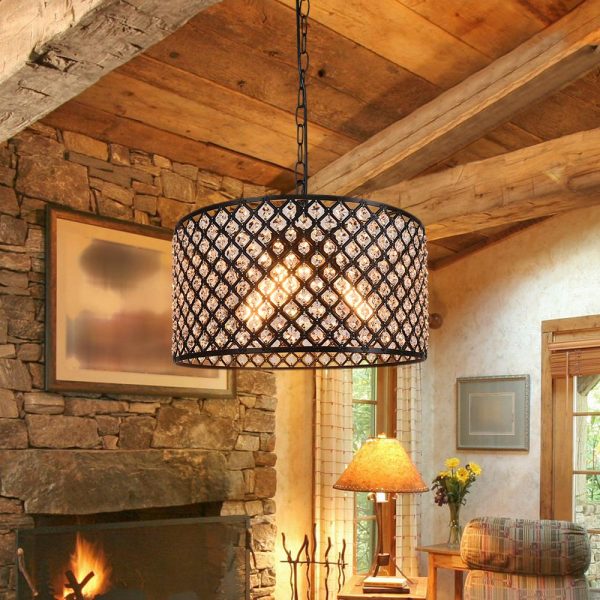 Crystal Beaded Black Drum Chandelier with ligths on