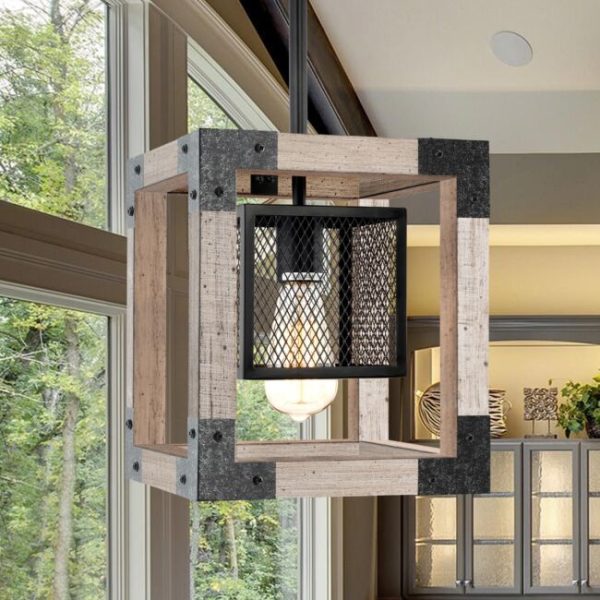 Single Rustic Wood Lantern Pendant Light distressed chalk on kitchen